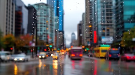 Obraz premium Urban Cityscape with Raindrops on Glass, Blurred Background of Skyscrapers and Traffic at Dusk