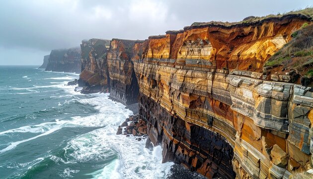 Dramatic coastal cliff with layered sandstone strata and crashing waves at sunset