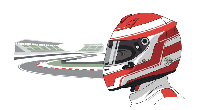 A focused race car driver wearing a detailed red and white helmet with a clear visor looks toward an empty racing circuit in a clean minimalist setting.