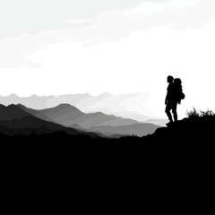 Obraz premium Silhouette of a Hiker with Backpack Looking at Mountain Landscape in Scenic Adventure View