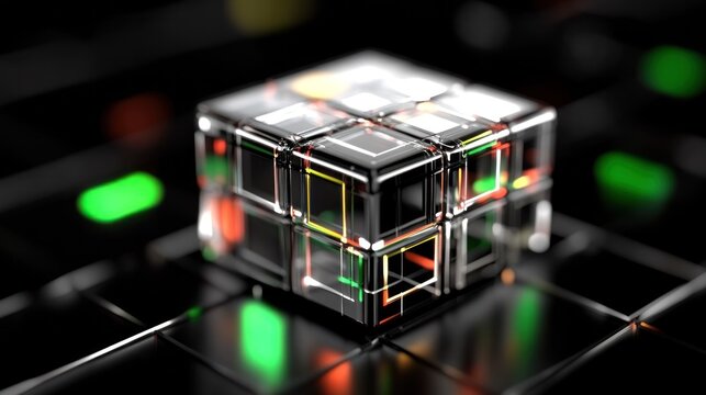Abstract 3D Cube Design with Colorful Lights and Glowing Edges on Dark Background for Modern Visuals