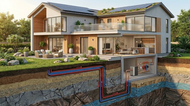 Geothermal Heat Pump Solar Panel HVAC Radiant Floor Insulation Energy Meter Smart Thermostat Ductwork Water Heating System