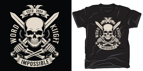 Fototapeta premium Warrior skull with crossed swords and medieval knight armor for apparel graphic.