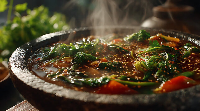 Steaming hot vegetable dish in a black bowl on a wooden table outdoors