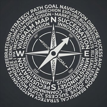 Navigational Compass Calligram Typography Illustration for Direction Goal and Success
