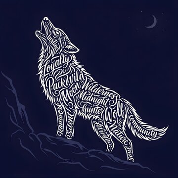 Howling Wolf Calligram Typography Design Representing Instinct Loyalty and Teamwork