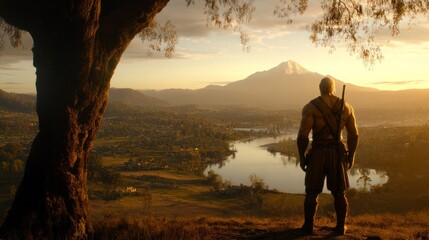 Fototapeta premium Warrior Stands in Awe of Majestic Mountain Landscape at Sunset Over Calm Lake and Lush Fields