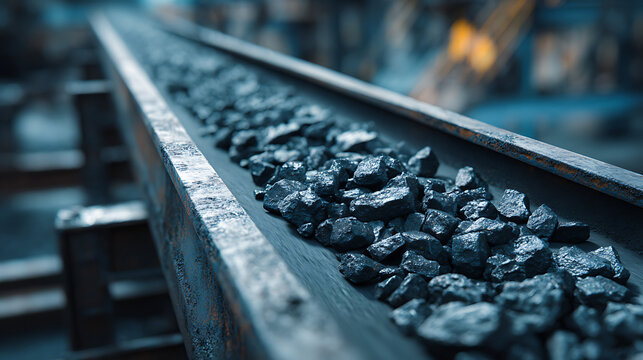 Railway track with coal on industrial train tracks in a mining site