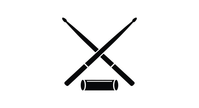 A striking black graphic depicts crossed drumsticks and a snare drum creating a minimalist silhouette high quality professional