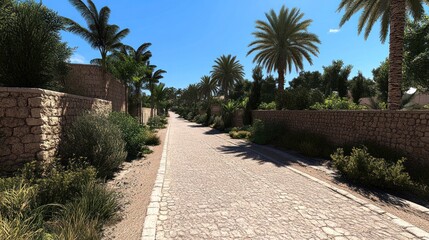 Fototapeta premium Scenic Pathway Surrounded by Lush Greenery and Palm Trees Under Bright Blue Sky on a Sunny Day