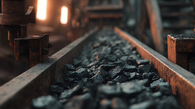 Closeup of rusty train tracks filled with coal in industrial setting with blurred background lights
