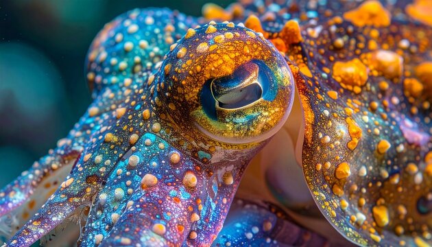 Close-up macro of cuttlefish skin with vibrant chromatophores and iridescent texture underwater