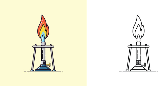 Bunsen Burner Icon Set Featuring Flat Colored and Outline Vector Illustrations of Laboratory Heating Equipment for Chemical Experiments and Scientific Research