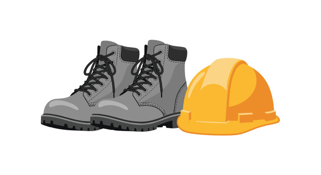 Sturdy grey work boots stand beside a vibrant yellow hard hat on a neutral background with soft lighting emphasizing the textured leather and smooth plastic.