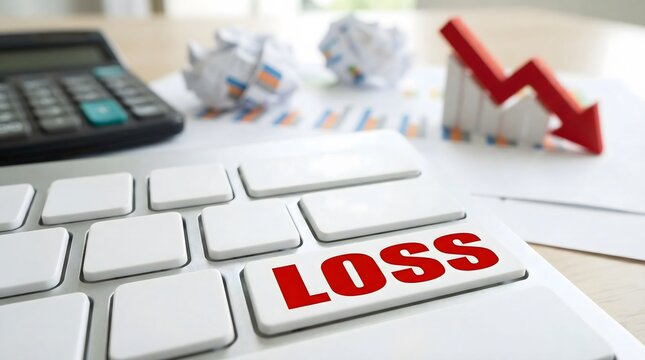 Business loss concept with red word loss on computer keyboard and declining financial arrow graph
