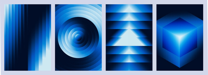 Abstract black cyan blue Geometric Poster Set. Futuristic Tech Background with 3D Cube and Circles. Modern Gradient Cover Design Template. Vector banner for branding, cybersecurity, electro music © Olga Tsikarishvili