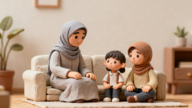 Clay animated family sitting on sofa in living room