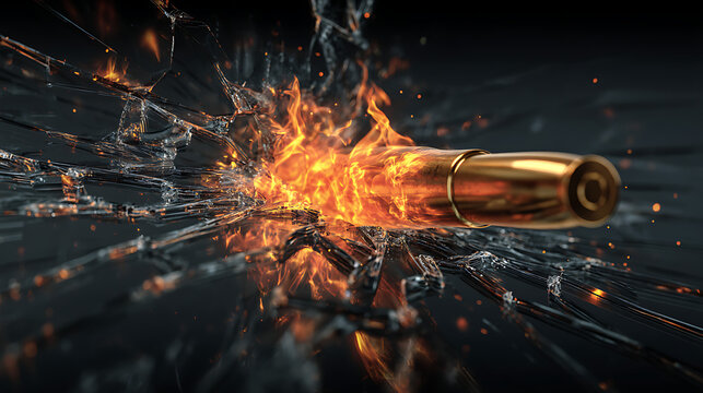 A bullet piercing through a glass window with flames and sparks flying everywhere in a dark background