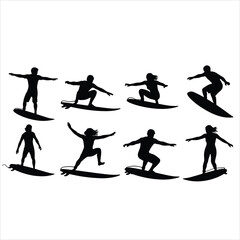Fototapeta premium Surfers Silhouette Set - Men and Women Riding Waves on Surfboards Water Sports Vector Collection