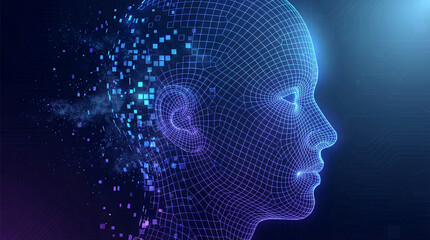Obraz premium Abstract digital human head wireframe with glowing data particles, symbolizing artificial intelligence, machine learning, and advanced technology concepts in a futuristic setting