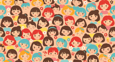 Obraz premium Happy girls pattern diverse faces cheerful smiles colorful hair and clothes background lots of cute cartoon children playing together childhood fun friendly innocent joy