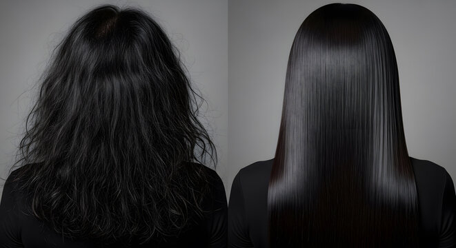 Before and After Hair Treatment Comparison | Frizzy Damaged Hair vs Smooth Shiny Straight Hair | Professional Salon Keratin Results | Healthy Long Black Hair Transformation | Beauty Concept