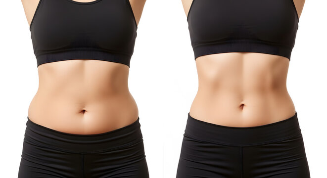 Weight loss before and after comparison of female belly | Slimming progress and body contouring results for fitness | Healthy lifestyle diet and exercise outcome showing flat toned stomach muscles