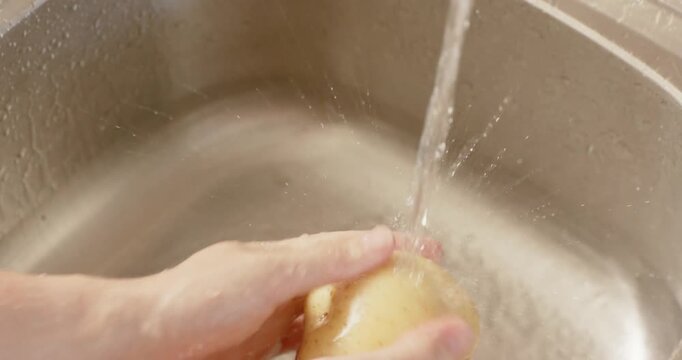 From running faucet adult woman's hands washing potato at sink rotating and rubbing to remove soil