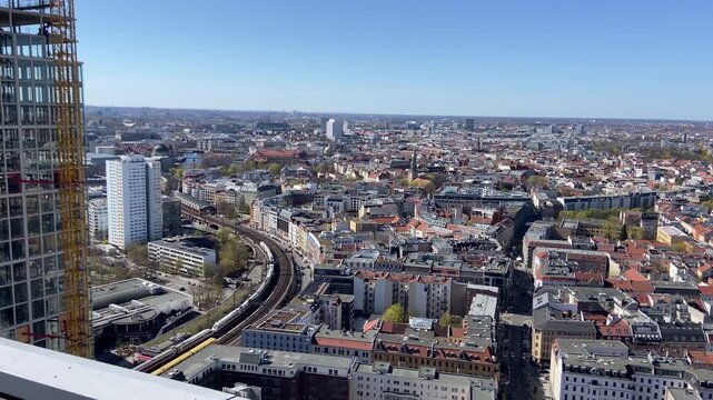 Cityscape Aerial with Building Under Construction in the Foreground, Trains Passing, Berlin-Mitte and Tiergarten in the Background