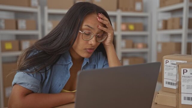Young woman hand on forehead working on laptop among stacked cardboard shipping boxes in a building; stress.