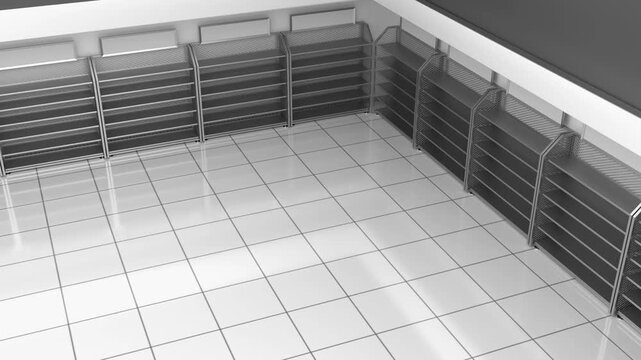 Rotation of the trading floor with metal display racks with blank topper and diamond grid sides. 3d animation