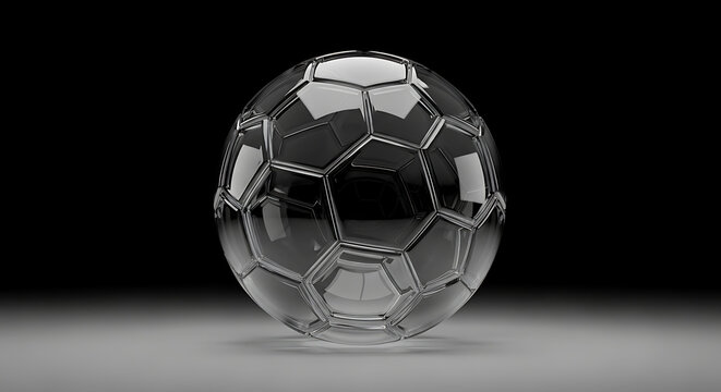 Abstract geometric sphere with hexagonal and pentagonal panels, reflecting light, with a dark moody atmosphere, perfect for sports or technology concepts