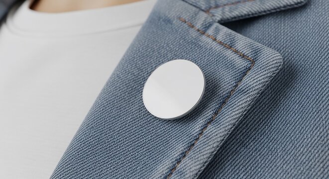Blank round white pin button badge mockup on blue denim jacket lapel for branding display
