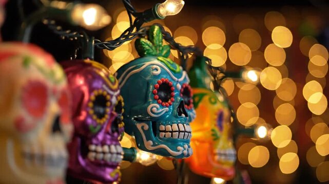 Vibrant sugar skulls hang with festive lights in a colorful celebration scene.
