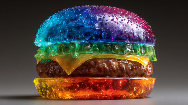 A colorful rainbow hamburger made of jelly or gelatin on a dark background