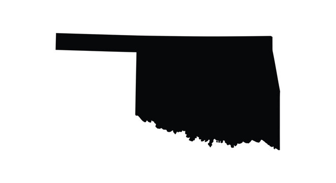 A stark black silhouette outlines the state of oklahoma against a plain white background
