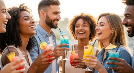 Obraz premium Group of diverse friends holding and toasting colorful tropical cocktails at outdoor party. Happy men and women socializing and drinking together during summer vacation. Leisure time concept.