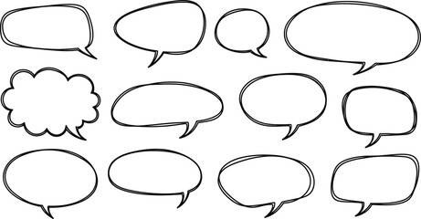 Fototapeta premium Set of thirteen hand-drawn style speech and thought bubbles with speech bubble dialogue box dashed border word balloon template