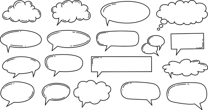 Large collection of empty hand-drawn speech bubbles and thought clouds for text and dialog with speech bubble text box pop art