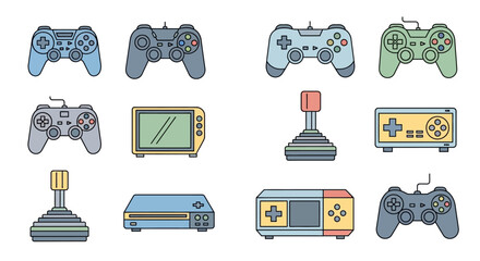 Colorful retro gaming controllers and consoles. © Bocah