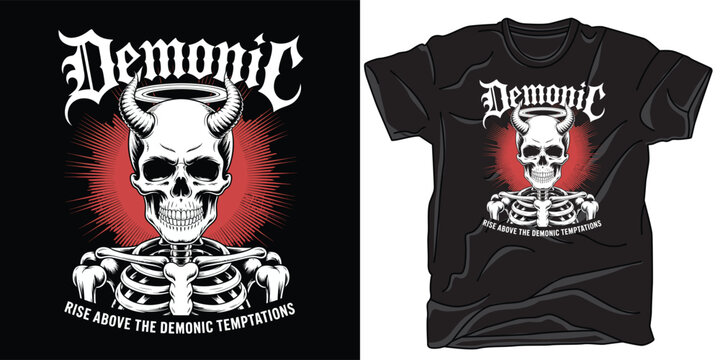 Demonic skull with horns and halo vector t-shirt design black and white skeleton illustration.