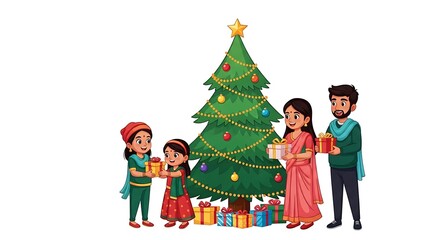 Fototapeta premium cartoon Indian family celebrating Christmas, decorated Christmas tree with traditional Indian elements, family wearing festive outfits, exchanging gifts and smiling, vibrant colors, 