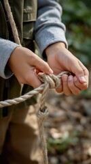 Child's hands tying a knot with natural rope in an outdoor setting, wearing a gray long-sleeve shirt and green vest, surrounded by blurred greenery and ground foliage