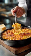 Hand holding a fork serving cheesy macaroni and cheese from a cast iron skillet on a wooden board in a modern kitchen setting with blurred background