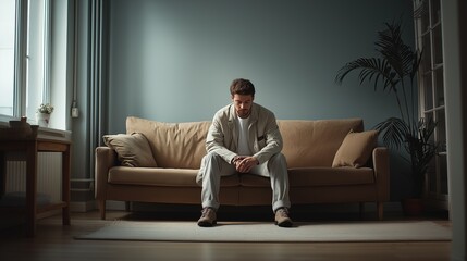 Fototapeta premium Male individual in light-colored attire seated on a beige sofa, with a potted plant and window providing natural light in a modern living room setting