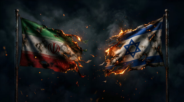 Burning and torn flags of Iran and Israel representing war and intense regional tension