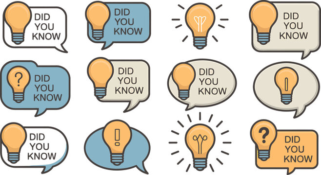 Did you know light bulb speech bubble, facts, trivia, information, questions, ideas, education, learning, curious, interesting. vector illustration
