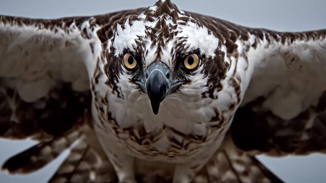 Osprey bird of prey flying head-on towards camera with wings spread and intense yellow eyes in front view close-up portrait of raptor soaring in flight against sky background