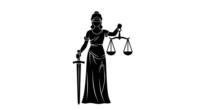 Justice symbol with scales and sword representing law and order balance and fairness in a simple black silhouette
