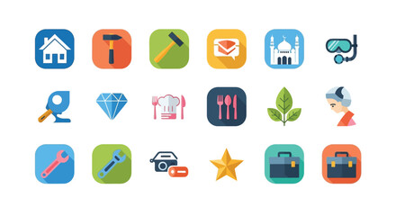 A collection of vibrant flat design icons representing diverse themes like travel tools and hobbies © grvect02